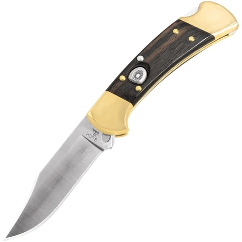 A Buck 112 Auto Ranger push-button automatic knife shown with the blade deployed alongside its genuine leather friction-fit sheath, highlighting the 420HC clip point blade and genuine ebony wood handle with brass bolsters.