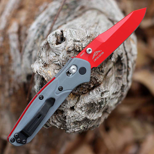 Benchmade Mini Osborne (945RD-2401) 2.9 Inch CPM-S90V Red Reverse Tanto Plain Blade, Grey G-10 Handle