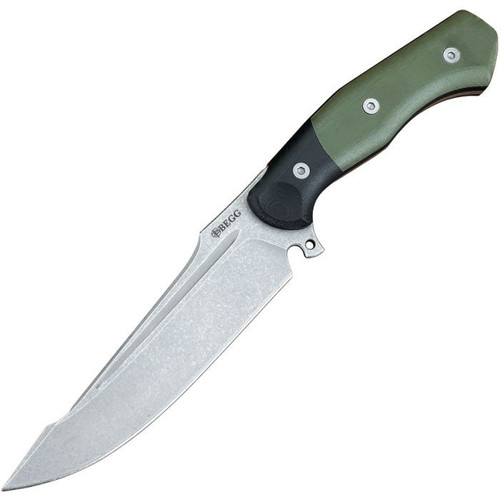 Begg Knives Alligator (BG050) 6.25" 14C28N Bead Blasted Drop Point Plain Blade, Black and Green G-10 Handle, Black Kydex Sheath