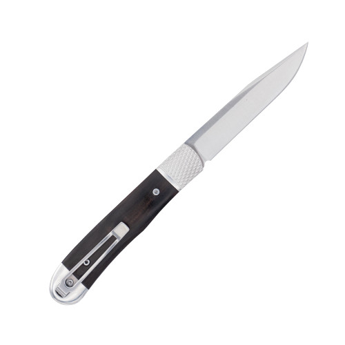 CobraTec Trapper Hidden Release Automatic (CTTHREBW) - 3.125 Satin D2 Steel Drop Point Plain Blade, Ebony Wood Handle