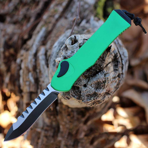 Heretic Knives Auto Hydra (H008-11A-TXGRN ) 3.63" CPM MagnCut 2 Tone Drop Point Plain Blade, Toxic Green  Anodized Aluminum Handle