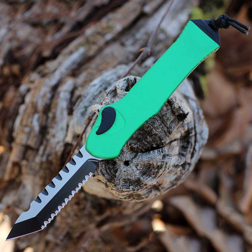 Heretic Knives Auto Hydra (H006-11C-TXGRN) 3.63" CPM MagnCut 2 Tone Tanto Serrated Blade, Toxic Green  Anodized Aluminum Handle