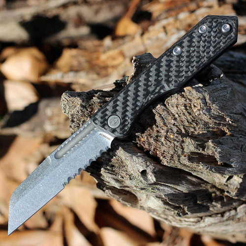 Heretic Knives Jinn Slip Joint Folder (H013-2B-CF) - 3.0"Satin CPM-MagnaCut Wharncliffe Blade Partially Serrated Edge, Carbon Fiber Handle with Silver Hardware