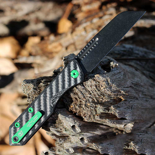 Heretic Knives Jinn Slip Joint Folder (H013-6A-CFTX) - 3.0" DLC CPM-MagnaCut Wharncliffe Blade Plain Edge, Carbon Fiber Handle with Toxic Green Hardware