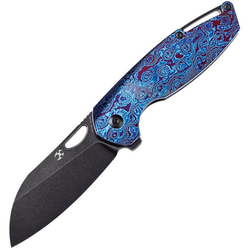 Kansept Model 6 (K1022B4) 3.1" CPM-S35VN Black Stonewashed Wharncliffe Plain Blade, Black Stonewashed Titanium with Blue Timascus Onlay