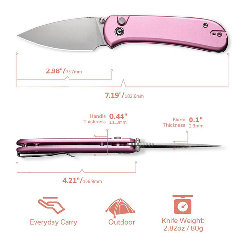 CIVIVI Knives Qubit (CIVC22030E5) 2.98" 14C28N Satin Drop Point Plain Blade, Pink Aluminum Handle