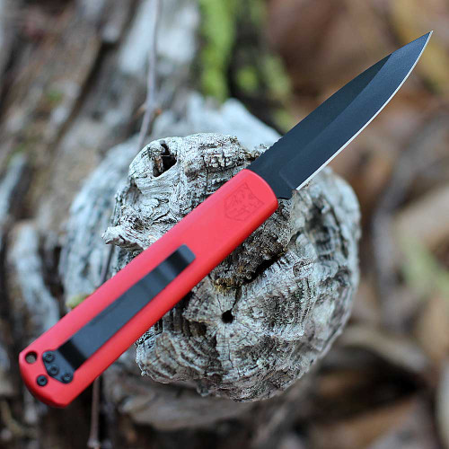 CobraTec Gideon Hidden Release Automatic (CTGHRRBB) - 3.0 Black D2 Steel Drop Point Plain Blade, Red Aluminum with Black Bolster Handle