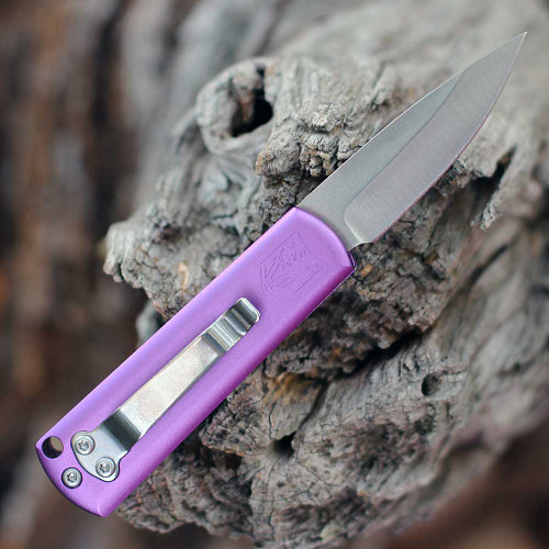 CobraTec Compact Hidden Release Automatic (CTCHRPUR) - 1.9 Satin D2 Steel Drop Point Plain Blade, Purple Aluminum with Purple Bolster Handle