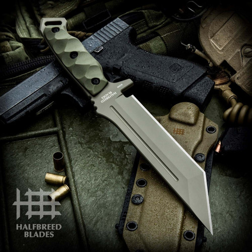 Halfbreed Blades Medium Infantry Knife (MIK-05P-K340-OD) - 6.69" K340 Olive Drab Teflon Plain Tanto Blade, Olive Drab G10 Handles, Olive Drab Kydex Sheath