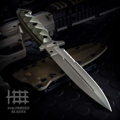 Halfbreed Blades Medium Infantry Knife (MIK-01PS OD)  6.49" K110 D2 Olive Drab Teflon Coated Partially Serrated Edge Spear Point Blade, Olive Drap G-10 Handle, Olive Drab Molded Kydex Sheath
