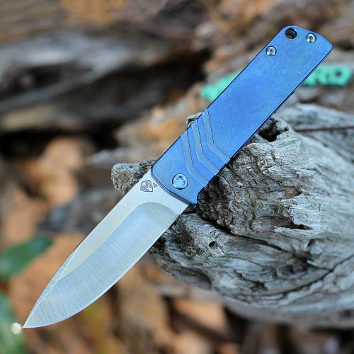 Medford Knife & Tool Antik Front Flipper, Frame Lock (MK2144TD-37A2-T2CS-BN)- 3.75" Tumbled CPM-S45VN Drop Point Blade, Blue Titanium Handle