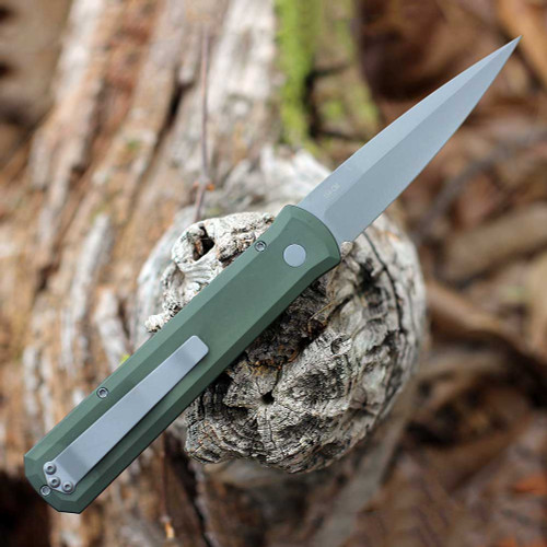 Pro-Tech Godfather (920-GREEN) 4" 154CM Bead Blasted Stiletto (Spear Point) Plain Blade, Green Aluminum Handle