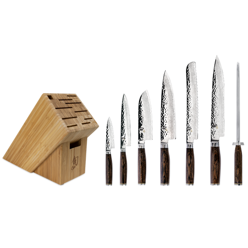 Shun Premier 8-Piece Professional Block Set (TDMS0808) – VG-MAX Hammered Damascus Blades, Walnut Pakkawood Handles, Bamboo Block
