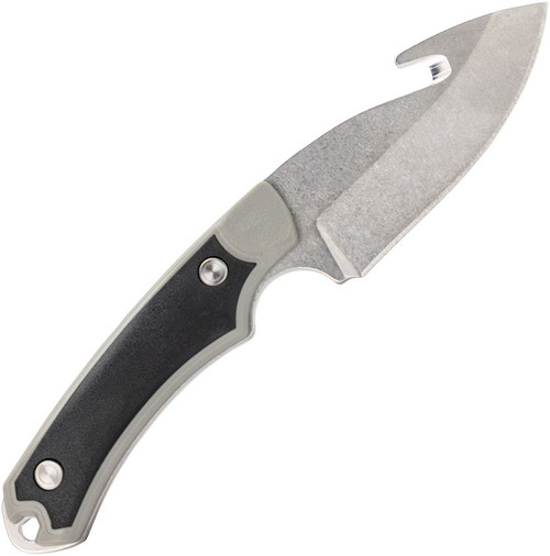 Buck Knives Alpha Hunter Select Guthook (BU664GYG) 3.75" 420HC Stonewashed Drop Point Plain Blade with Guthook, Black and Gray Glass Filled Nylon Handle with Versaflex, Black Polyester Sheath with Leather Accents