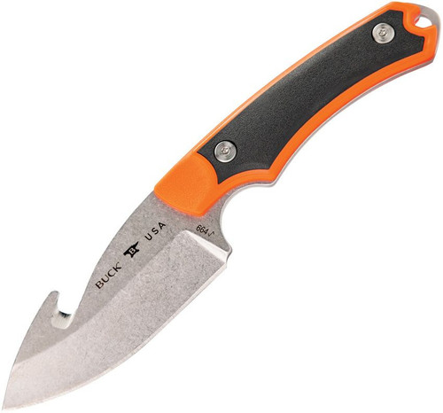 Buck Knives Alpha Hunter Select Guthook (BU664ORG) 3.75" 420HC Stonewashed Drop Point Plain Blade with Guthook, Black and Orange Glass Filled Nylon Handle with Versaflex, Black Polyester Sheath with Leather Accents