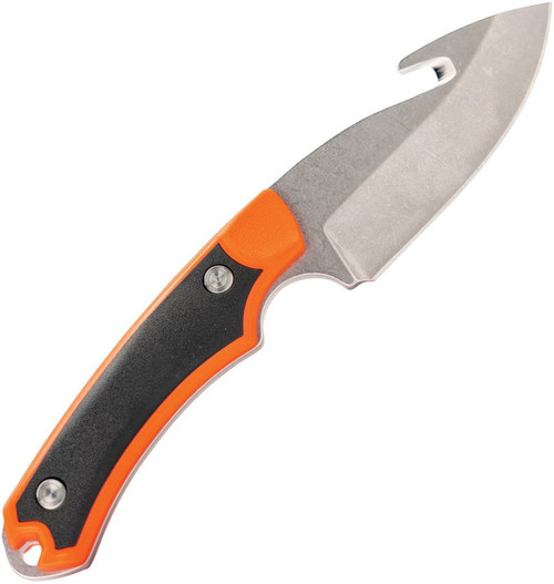 Buck Knives Alpha Hunter Select Guthook (BU664ORG) 3.75" 420HC Stonewashed Drop Point Plain Blade with Guthook, Black and Orange Glass Filled Nylon Handle with Versaflex, Black Polyester Sheath with Leather Accents