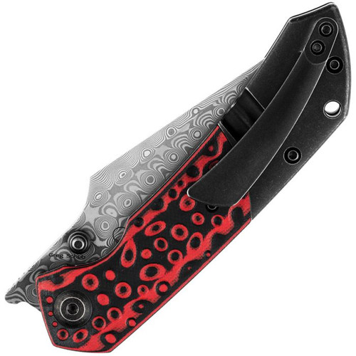Kansept Knives Fenrir (K1034A2) 3.48" Damascus Drop Point Plain Blade, Black Titanium Handle with Black and Red Swirl G-10 Inlay