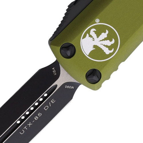 Microtech UTX-85 Daytona D/E OTF (MCT2321OD) 3.125" Premium Steel Black Double-Edged Dagger Plain Blade, OD Green Aluminum Handle with Double-Action Thumb Slide