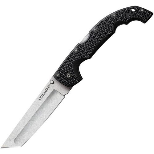 Cold Steel XL Voyager (CS29AXT) 5.5" AUS-10A Stonewashed Tanto Plain Blade, Black Griv-Ex Handle with Black Aluminum Liners