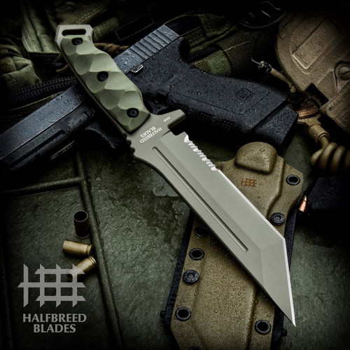 Halfbreed Blades Medium Infantry Knife (MIK-05PS) - 6.69" K340 Olive Drab Teflon Coated Partially Serrated Tanto Blade, Olive Drab G10 Handles, Olive Drab Kydex Sheath