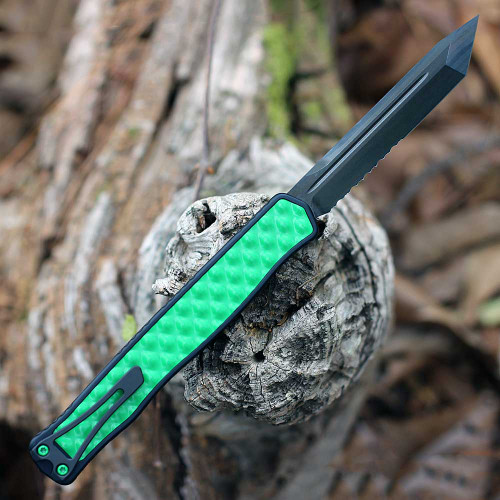 Heretic Cleric II OTF Automatic (H019-6B-TXHDW) - 4.25in Black DLC CPM-Magnacut TantoEdge Partial Serrated Blade, Toxic Green Anodized Aluminum/Toxic Green Bubble Inlay, Toxic Green Hardware and Black Titanium Clip