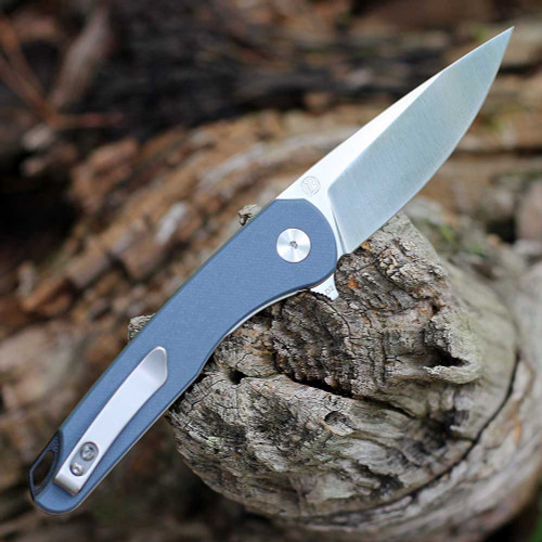 EIKONIC Knife Co Dromas (440SSGY) 3.25" D2 Polished Satin Plain Drop Point Blade, Steel Blue G-10 Handle