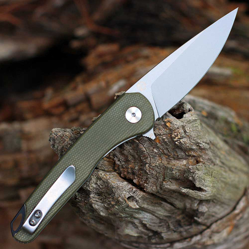 EIKONIC Knife Co Dromas (441SGN) 3.25" PVD Coated D2 PlainEdge Drop Point Blade, Green Canvas Micarta Handle