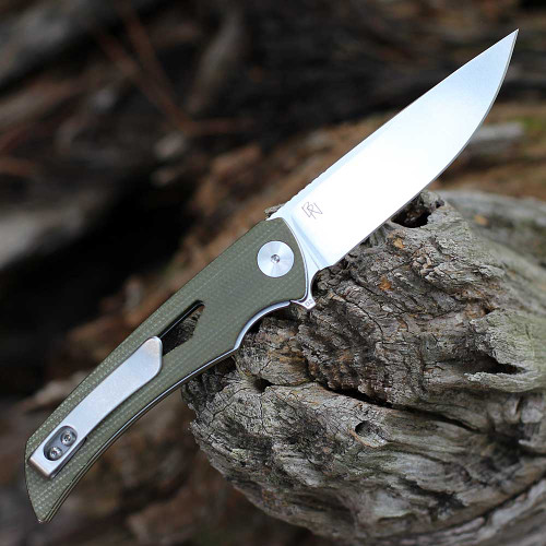 EIKONIC Knife Co Aperture (551SGN) 3.20" D2  Satin Plain Drop Point Blade, Green Canvas Micarta Handle