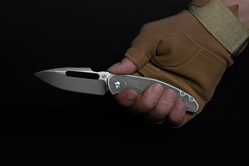 Artisan Cutlery Rustic Boa (ATZ1862GODG) 3.12" CPM-S35VN Sand Polished Drop Point Plain Blade, Gray Titanium Handle with a Green Canvas Micarta Inlay