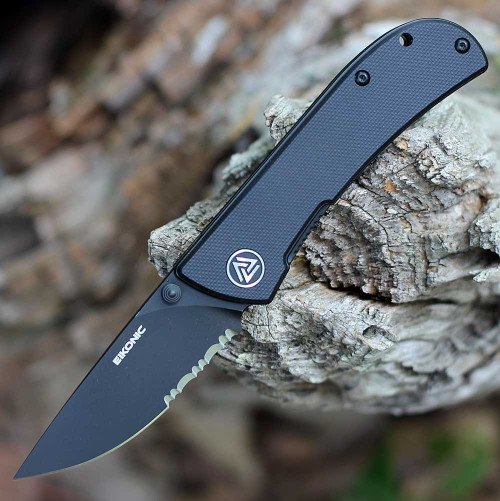EIKONIC Knife Co Fairwind (220BBS) 2.72" D2  Black Partially Serrated Drop Point Blade, Black G-10 Handle