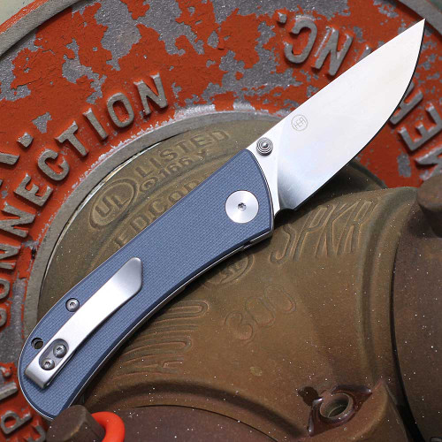 EIKONIC Knife Co Fairwind (220SSGY) 2.72" D2  Polished Satin Plain Drop Point Blade, Steel Blue G-10 Handle