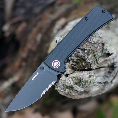 EIKONIC Knife Co RCK9 (100BBS) 3.0" D2 Black Partially Serrated Drop Point Blade, Black G-10 Handle