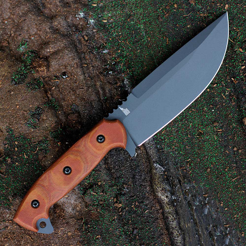 TOPS KNIVES Armsdo 6.5 Fixed Blade (TPARM01) 6.5" 1095 Sniper Gray Drop Point Plain Blade, Tan Micarta Handle, Black Kydex Dangler Sheath