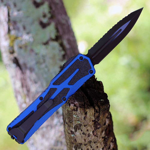 Heretic Colossus DE (H041-6C-BLU) - 3.50" Black DLC CPM-MagnaCut Double Edge Serrated Blade, Blue Aluminum Handle w/Black Grip Inlays