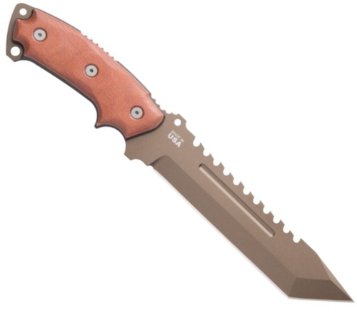 TOPS Knives Steel Eagle 107D Delta Class (TPSE107D2DC) 7.63" 1095 Midnight Bronze Tanto Point Plain Blade with Sawback, Tan Canvas Micarta Handle, Tan Kydex Sheath