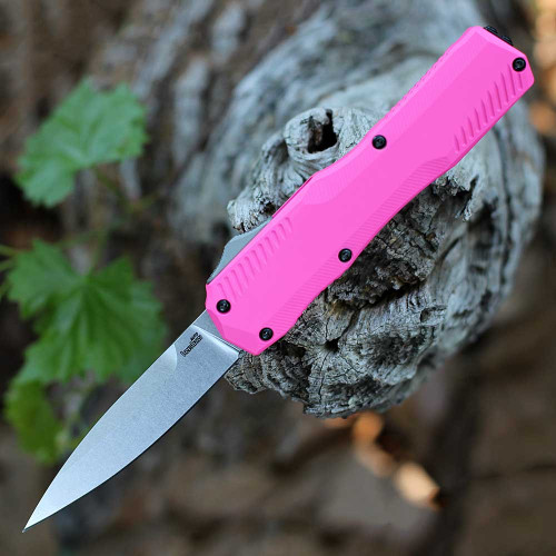 Kershaw Livewire 9000PK OTF automatic knife open view showing the 3.3-inch stonewashed MagnaCut blade and pink handle.