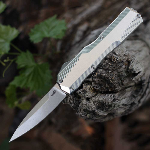 Kershaw Livewire OTF (9000RAW) 3.3" CPM-MagnaCut Stonewashed Spear Point Plain Blade, Raw 6061-T6 Aluminum Handle