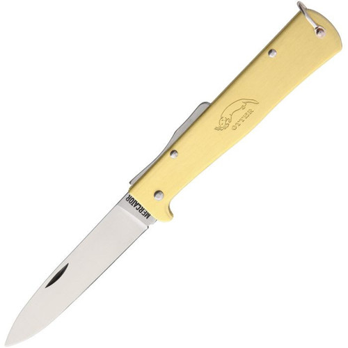 Mercator Brass Lock Back (L154B) 3.5" High Carbon Steel Drop Point Plain Blade, Brass Handle