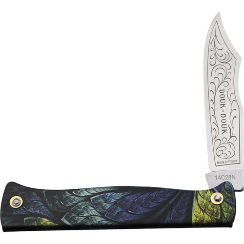 Douk-Douk 815GMI (DD815GMIPAON) 3.25" Sandvik 14C28N Satin Clip Point Plain Blade, Burnished Folded Metal with Peacock Feather Sublimation