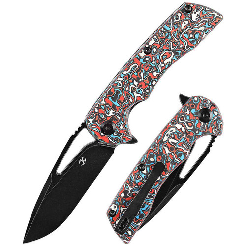 Kansept Knives Kryo (K1001M3) 3.58" S35VN Stonewashed Drop Point Plain Blade, Red/Blue Carbon Fiber Handle