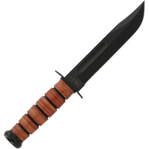 Classic stacked leather handle of KA-BAR KA9227 with steel guard and pommel.