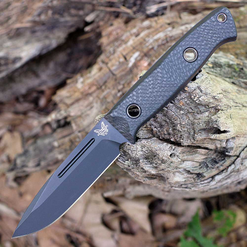 Benchmade Bushcrafter (BM163BK) 4.38" CPM-CruWear Black Cerakote Drop Point Plain Blade, Black Carbon Fiber Handle, Black Modular Molded Sheath with Push Button Release