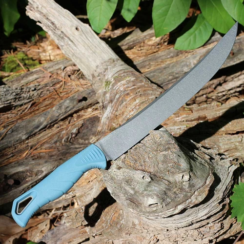 Benchmade Fishcrafter BM18020 with 9.05" CPM-MagnaCut stonewashed plain edge trailing point blade and Depth Blue Santoprene handle, side view