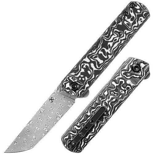 Kansept Knives Foosa (K2020T1) 7.16" Damascus Tanto Plain Blade, Black/White Carbon Fiber Handle