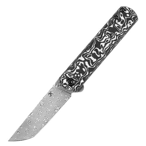Kansept Knives Foosa (K2020T1) 7.16" Damascus Tanto Plain Blade, Black/White Carbon Fiber Handle