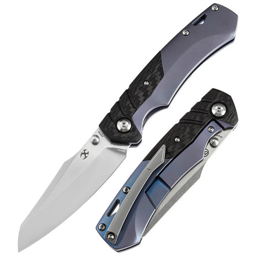 Kansept Knives Weim (K1051A2) 3.28" CPM-S35VN Stonewashed Sheepsfoot Plain Blade, Black/Blue Anodized Titanium +  Twill Carbon Fiber Handle