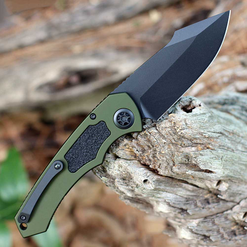 Heretic Knives Pariah Automatic (H048-4A-GRN) 3.75" MagnaCut Drop Point Black Cerakote Plain Blade, OD Green Chassis Aluminum Handle with Black Rubber Inlays