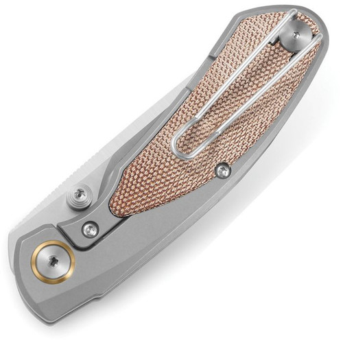 Bestech Knives Lito (BTKT2307B) 2.48" M390 Satin Drop Point Plain Blade, Grey Titanium+Natural Canvas Micarta Inlay Handle