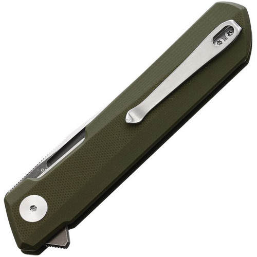 Bestechman Dundee (BTKMK01E) 3.35" D2 Satin and Grey Titanized Clip Point Plain Blade, OD Green G-10 Handle