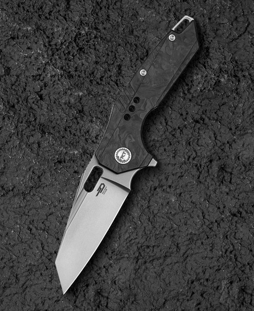 Bestech Knives Nyxie 3 (BTKT2308C) 2.99" S35VN Bead Blast Stonewashed Reverse Tanto Plain Blade, Marble Carbon Fiber+Titanium Handle